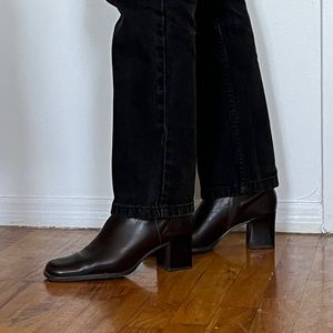 Pesáro Dark Brown Leather Square Toe ‘Janice’ Ankle Boots w/ Chunky Heel